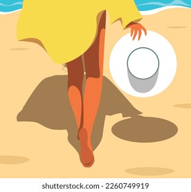 Vector illustration girl tourist on vacation goes along the beach on the sand hat in hand to the sea to swim