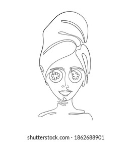 Vector Illustration Of A Girl With A Towel On Her Head And Cucumbers In Her Eyes Is Drawn By One Endless Line. Cosmetic Procedures At Home, Skin Care