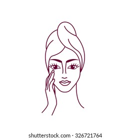 vector illustration of girl with a towel on the head, applying cosmetics