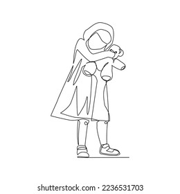 Vector illustration of a girl with a toy drawn in line art style