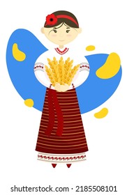 Vector Illustration of a Girl in Traditional National Ukrainian Clothing With Bouquet of Wheat on a Blue Yellow Abstract Background