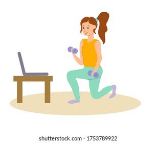 vector illustration of a girl training with dumbbells online