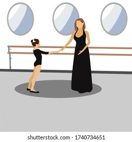 Vector illustration of a girl training her dance teacher. Flat style. Warm relationship. The concept of support and training for children. The relationship between teacher and student.