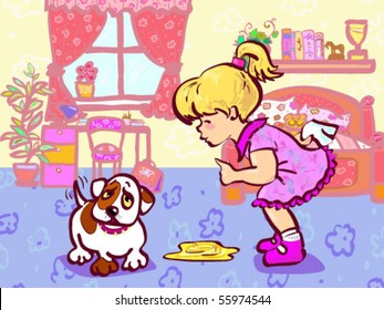 Vector illustration of girl training her puppy which made pee in room.