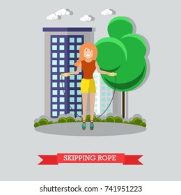 Vector illustration of girl training with jump rope in the park. Skipping rope flat style design element.