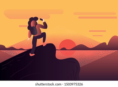 vector illustration with a girl traveler who photographs a sunset on a cliff