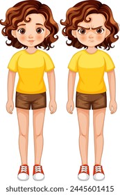 Vector illustration of girl with two contrasting emotions