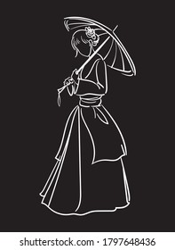 vector illustration of a girl with an umbrella, continuous line on a black background, silhouette. Asia