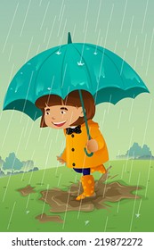 A vector illustration of girl with umbrella and raincoat playing in the mud