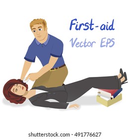 Vector illustration of the girl unconscious and the man has a first aid