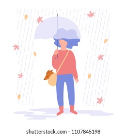 Vector illustration of a girl under an umbrella on a rainy day. Flat design.