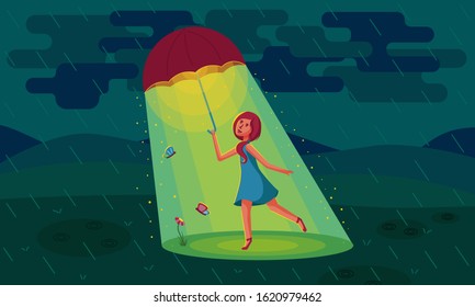 Vector illustration of a girl under an umbrella. The rays of the sun shine from an umbrella. Flat style