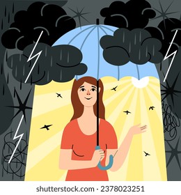 Vector illustration of a girl under an umbrella against a background of bad weather in flat style. Concept of self-love, self-care and self-acceptance, positive thinking. Weather under the umbrella