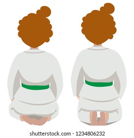 Vector illustration of a girl in uniform. Basic poses seiza and kiza view from the back. Suitable for oriental martial arts such as aikido, judo, karate, jiu-jitsu, budo