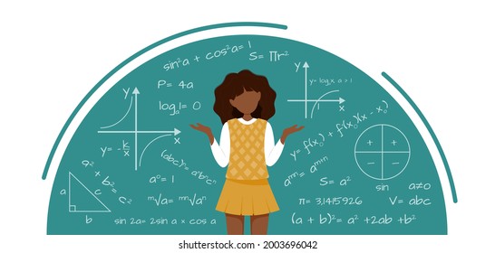 ilustración vectorial de una chica uniformada en clase matemática. Vayan a la escuela. Adolescente confundida. tutoría. Cartel para la escuela, tutores