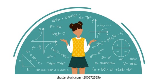 vector illustration of girl in uniform in math class. Back to school. Confused teenager.tutoring