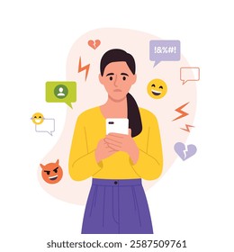 Vector illustration of a girl upset because of cyberbullying. Cartoon scene of a girl holding a phone in hands,negative comments,broken hearts, lightning, angry emoticons isolated on white background.