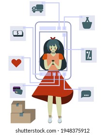 ilustración vectorial de una chica usando un mercado en línea en un smartphone