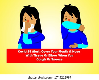 vector illustration of a girl using tissue and covering mouth with elbow when sneeze or cough, editable eps available	