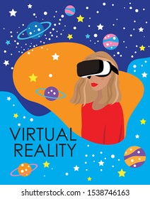 Vector illustration of a girl using virtual reality glasses device. New technology. Flat graphic