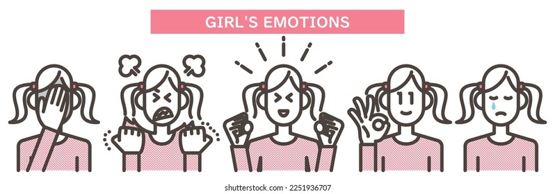 Vector illustration of a girl in various poses and expressions, expressing various emotions.