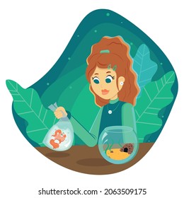 Vector Illustration Of A Girl Very Similar To Her New Pet Goldfish