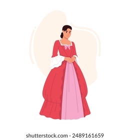 Vector illustration of a girl in a vintage pink dress. Cartoon scene of a beautiful girl in a lush, dress of the 19th century with sleeves and a bow isolated on a white background. Flirty ball dress.