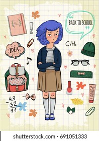 Vector illustration of a girl with violet hair and school objects around her.