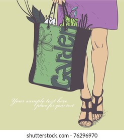 vector illustration of a girl in a violet skirt holding the bag with flowers and seedling