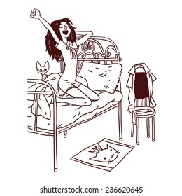 Vector illustration of Girl wake up in the morning