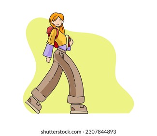 Vector illustration of a girl walking carrying book and bag on back flat doodle style