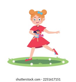 Vector illustration of a girl walking. A cartoon scene of a girl holding a doll in her hand and running to her friends isolated on a white background.