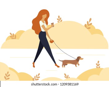 Vector illustration of a girl walking with a dog