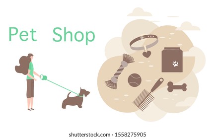 Vector illustration Girl walking with dog on leash Pet Shop Pet care accessory Food, collar, bone, comb, toy Design element for website, banner, landing page, poster, print