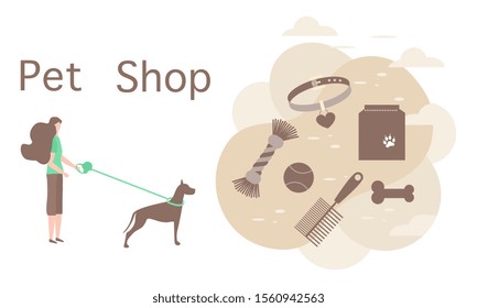 Vector illustration Girl walking with dog on leash Pet Shop Pet care accessory Food, collar, bone, comb, toy Design element for website, banner, landing page, poster, print