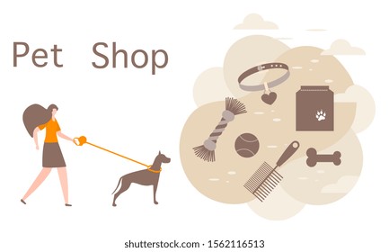 Vector illustration Girl walking with dog on leash Pet Shop Pet care accessory Food, collar, bone, comb, toy Design element for website, banner, landing page, poster, print