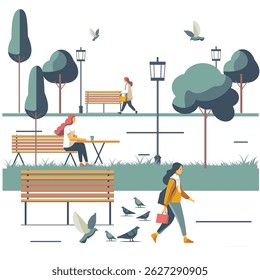 Vector illustration of a girl walking in the park with pigeons.
