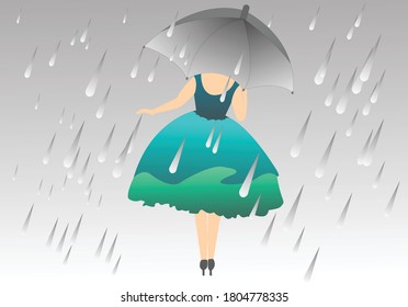 Vector illustration of a girl walking in rain with umbrella