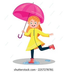 Vector illustration of a girl walking in the rain. Cartoon scene of girl with umbrella in raincoat and rubber boots isolated on white background.