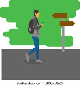 
Vector illustration of a girl walking while playing with her smartphone.
