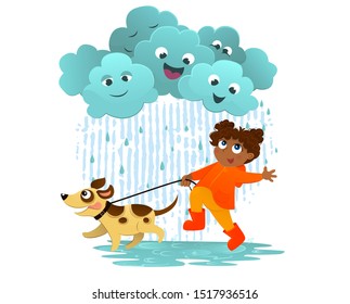 Vector illustration of girl walks with dog  the rain. Happy child have fun on rainy day. Friendship, childhood in rainy weather. Funy clouds with happy emotions. 