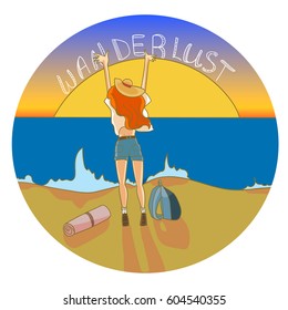Vector illustration of girl wanderlust standing on a sunset beach. Circle design.