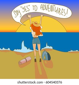 Vector illustration of girl wanderlust standing on a sunset beach. Say "Yes" to adventures!