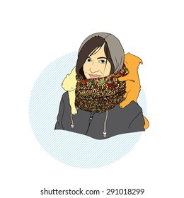vector illustration girl in warm scarf with two kittens