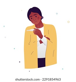 Vector illustration of a girl warming herself with a coverlet, holding a thermometer in her hand. The girl is shivering from the cold because she has a fever. Symptoms of viral diseases, colds, flu.