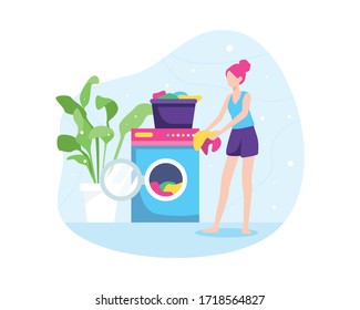 Vector illustration of Girl washing clothes. Washing dirty clothes in the laundry, women washing clothes in the washing machine. Housewife, Housekeeping, Household themes. Vector in flat style