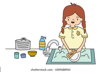 Vector illustration of a girl washing dishes.