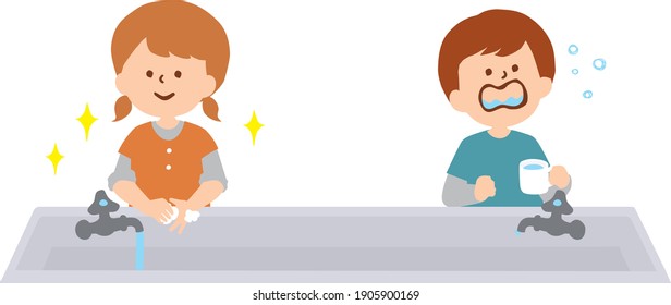 Vector illustration of a girl washing her hands and a boy gargling