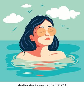 Vector illustration. Girl in the water. A girl with glasses swims in the water. Portrait illustration. Vector graphics, flat style. The girl is on vacation. Girl in the pool