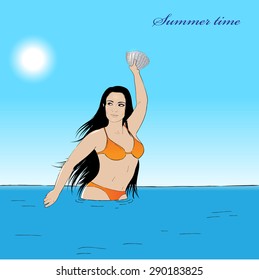 Vector illustration girl in water with a shell